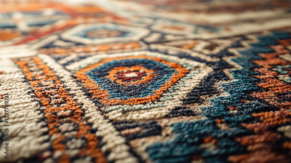 Poster Close up of textured vintage carpet showcasing colorful geometric patterns in muted tones with room for text or design elements