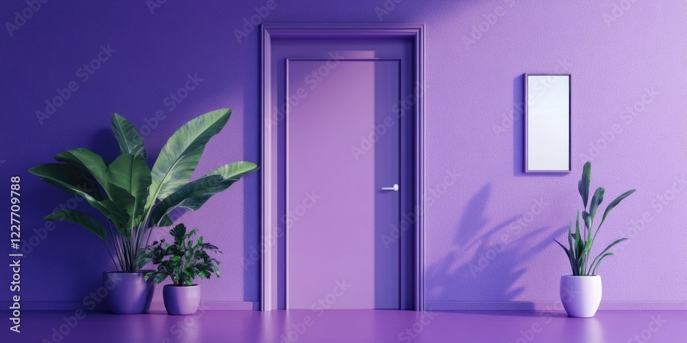 Poster elegant lavender corridor interior with minimalist design plants and door mirror frame in dark paste