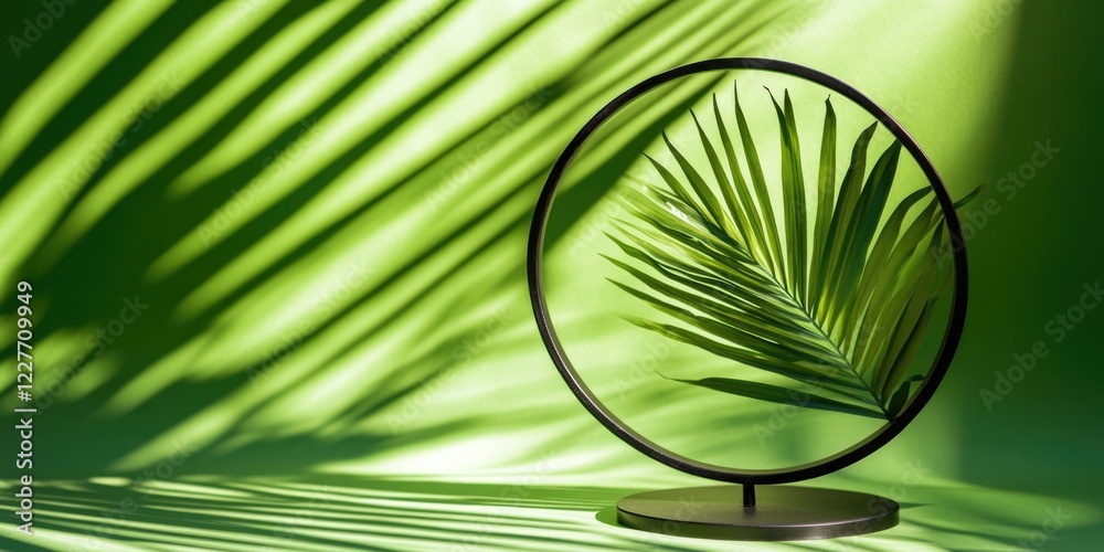 Aufkleber Empty circular display stand with palm leaf shadow on vibrant green backdrop for showcasing products or text in summer aesthetic