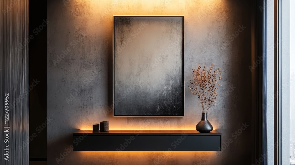 Poster minimalist console table with ambient lighting and modern wall art in a stylish cozy entryway settin