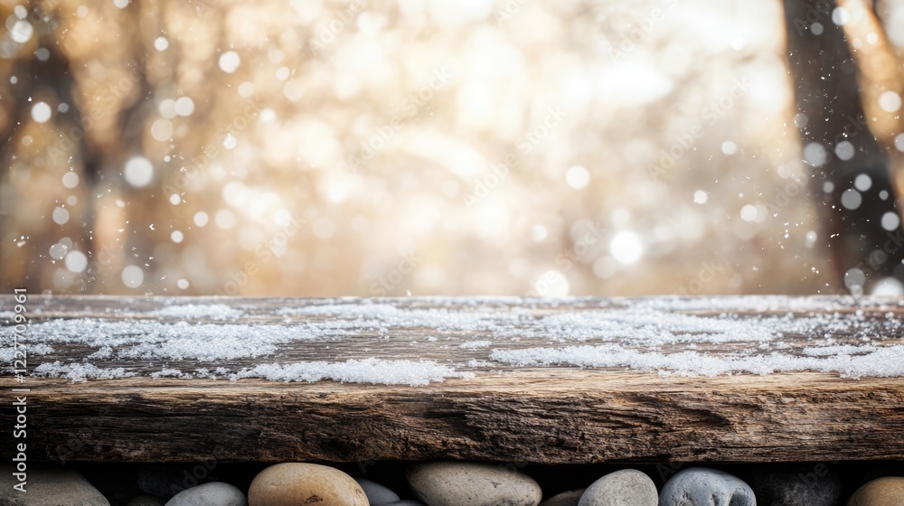 Poster Winter Forest Texture Background Featuring Snowy Driftwood and Pebbles with Blurred Natural Setting for Empty Text Space and Seasonal Themes