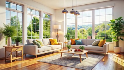 Fototapeta premium Bright Modern Living Room Interior Design with Large Window and White Walls