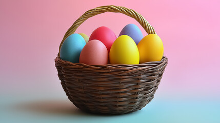 Brightly colored Easter eggs arranged in a decorative wicker basket on a pastel background