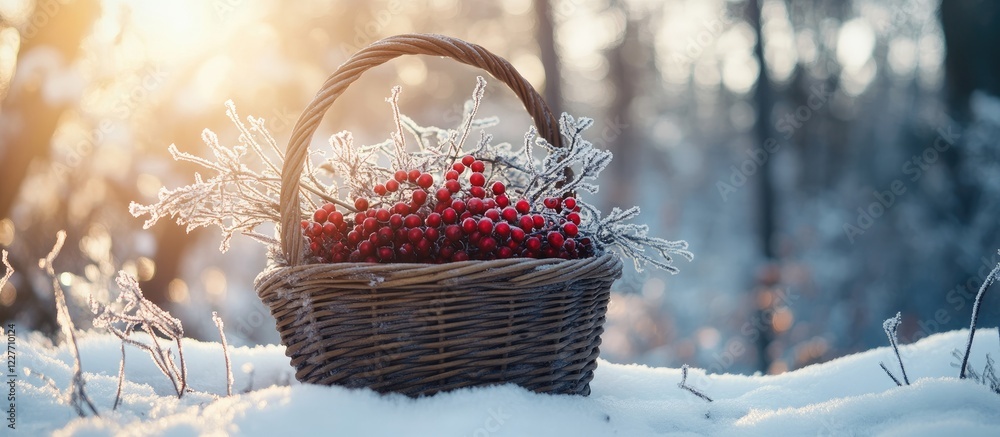 Poster Winter basket filled with berries and twigs in a snow-covered forest on a bright sunny day with empty space for text or design elements