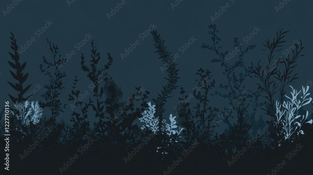 Poster silhouette of aquatic plants illuminated in the dark depths creating an ethereal underwater atmosphe