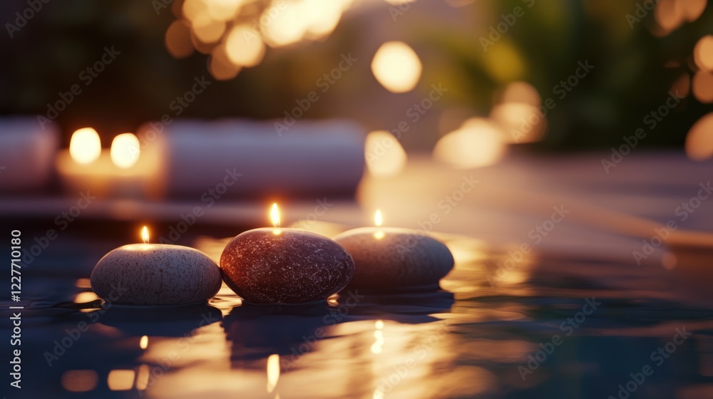 Poster Tranquil spa setting featuring floating candles and colorful stones reflecting in calm water for a relaxing atmosphere