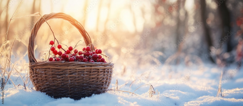 Poster Basket filled with winter berries resting in a snow-covered forest during a bright cold day with sunlight and empty space for text