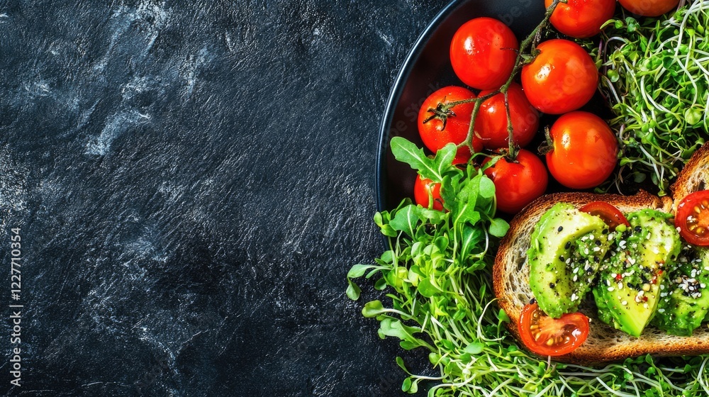 Poster Healthy Vegan Breakfast with Avocado Toast Fresh Tomatoes and Sprouts on Dark Background with Space for Text or Design Elements