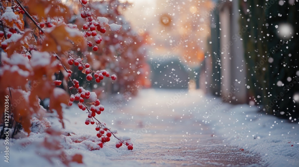 Poster rowan berries dusted with snow along a winter path showcasing a serene seasonal landscape and vibran