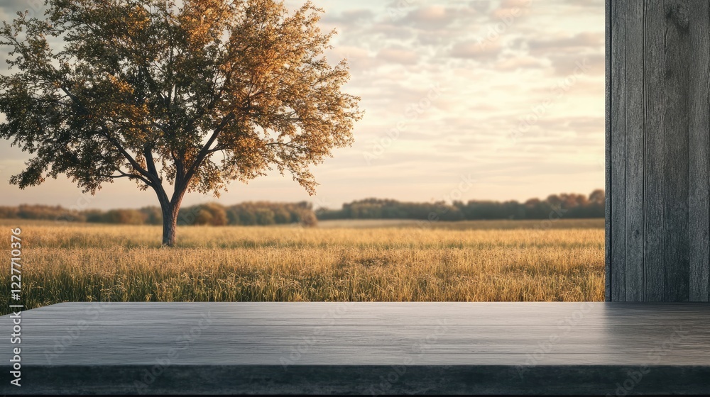Poster sleek gray wooden tabletop in peaceful rural setting with open door and tree in serene field landsca