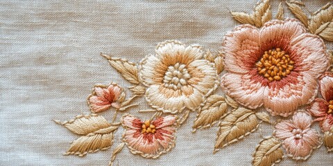 Elegant hand embroidered floral design on linen fabric offering soft lighting and ample copy space for text in high-quality close-up shot