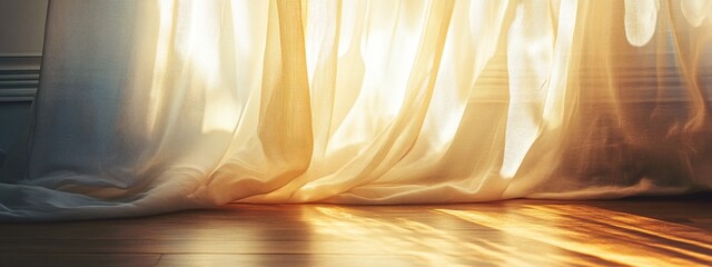 Cozy indoor ambiance with warm afternoon light filtering through translucent curtains, creating a serene atmosphere and ample space for text.