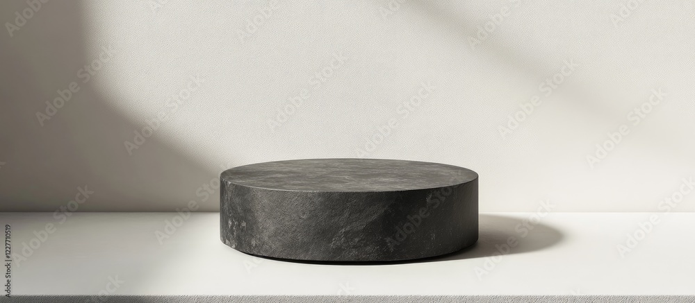 Poster Black Stone Pedestal with High Contrast Shadows on White Background Versatile Cylinder Podium for Display and Empty Copyspace for Text