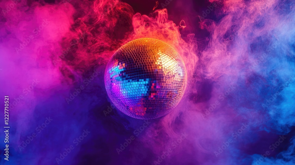 Poster vibrant disco ball illuminated by colorful smoke creating a festive atmosphere for celebrations and 