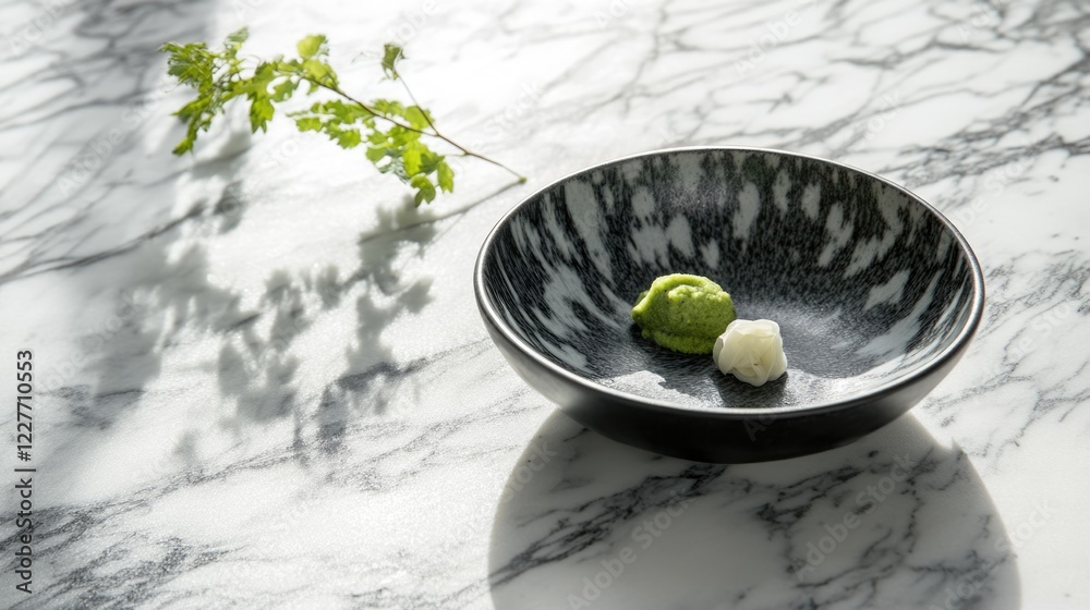 Poster salmon sashimi with wasabi and ginger on elegant marble table setting