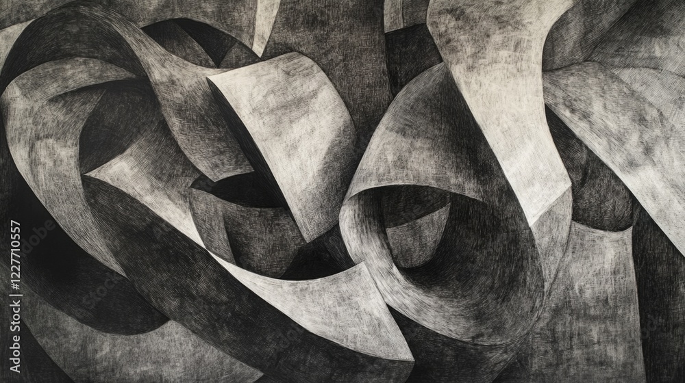 Poster abstract charcoal artwork featuring dynamic textures and curves with ample negative space for custom