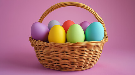 Brightly colored Easter eggs arranged in a decorative wicker basket on a pastel background