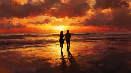 Fototapeta premium Couple walking on a beach at sunset creating a romantic atmosphere with vibrant sky colors reflecting on the wet sand.