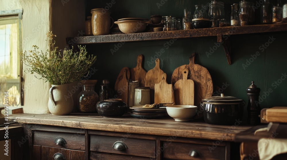 Poster rustic kitchen decor with natural textures and earthy tones creating a warm and inviting atmosphere 