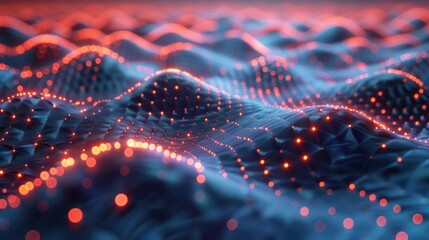 Abstract visualization of illuminated waves with glowing dots representing data flow in a digital landscape