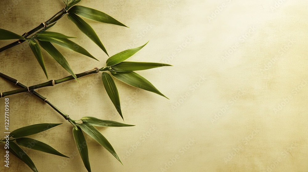 Poster bamboo leaves against a textured gold background creating a serene and natural atmosphere for relaxa