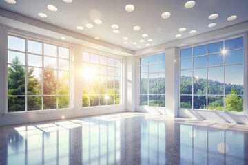 Fototapeta premium Bright White Room, Large Windows, Bokeh Sunlight, Minimalist Interior, Empty Space
