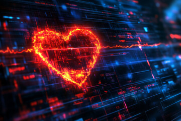 Neon heart and pulse line on futuristic digital interface