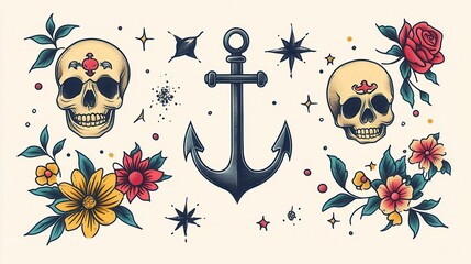 Pixel art tattoo design featuring two skulls, a dark anchor, and vibrant flowers. The style is reminiscent of classic American traditional tattoo