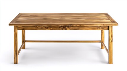 A beautifully crafted wooden table showcasing its rich grain and texture, set against a clean white backdrop