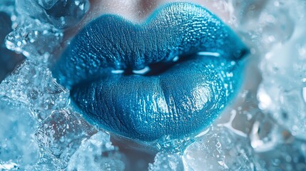 Fototapeta premium Sparkling Blue Lips Surrounded by Ice Cubes for Unique Beauty Look