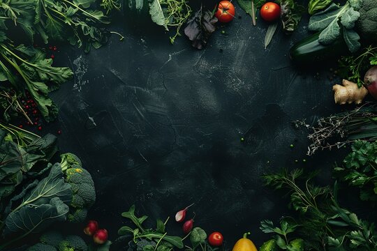 Fresh vegetables and herbs border dark background