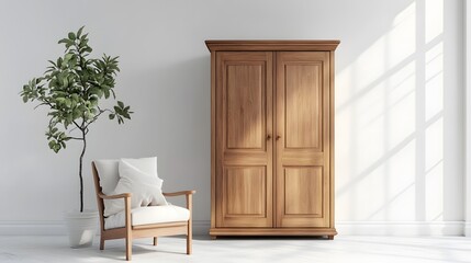 8. A simple wooden wardrobe with clean, classic lines and a natural wood finish, placed on white