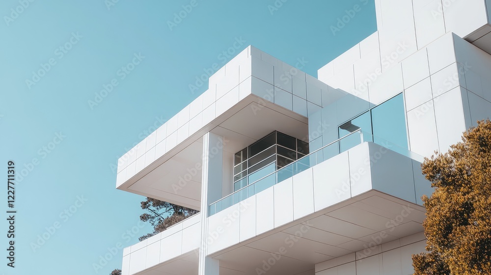 Poster Modern white building with sleek architecture highlighting contemporary design elements against a clear blue sky.
