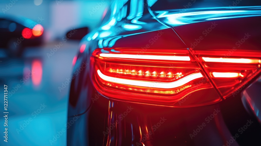 Poster modern car tail light design featuring sleek led light bars in a vibrant illuminated environment.