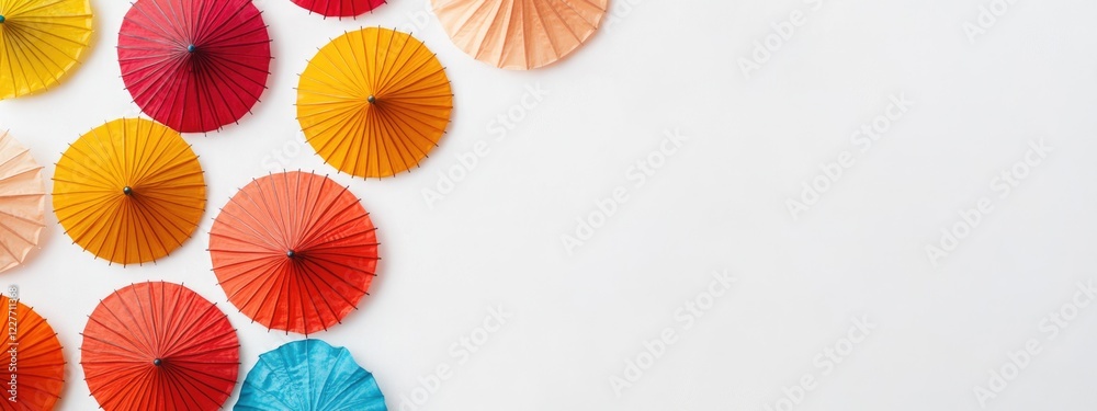Poster Colorful Umbrellas on White Background Minimalist Design with Vibrant Hues and Ample Copy Space for Contemporary Compositions and Text