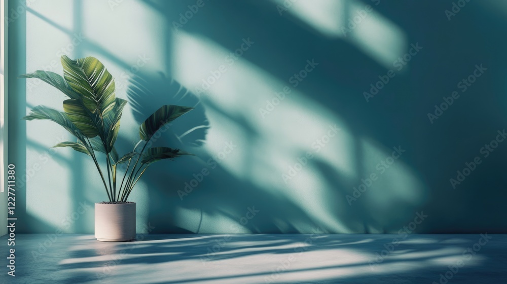 Poster calm teal wall with soft shadows and natural light highlighting a potted plant creating a tranquil i