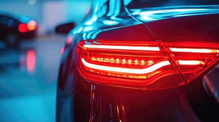 Modern car tail light design featuring sleek LED light bars in a vibrant illuminated environment.