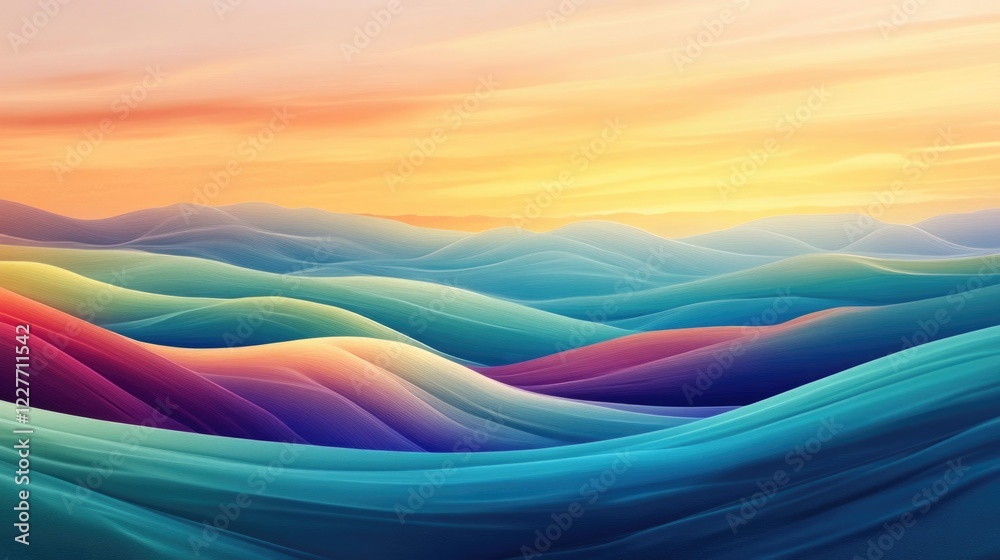 Poster Vibrant abstract landscape depicting rolling waves of color under a sunset sky creating a serene and tranquil atmosphere.