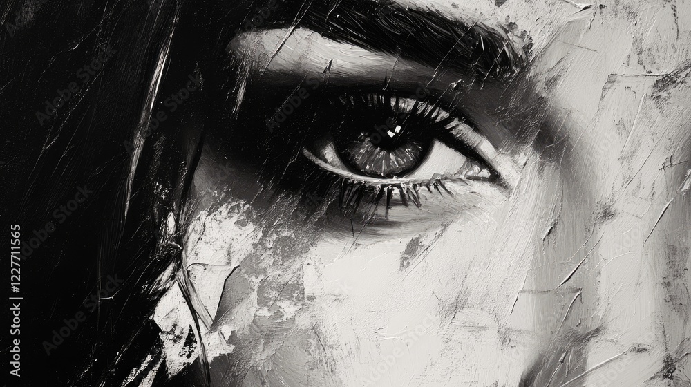 Poster elegant black and white portrait featuring intricate brush strokes highlighting the expressive human