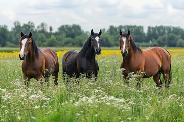 Obraz premium Trio of horses standing in a vibrant green field with wildflowers