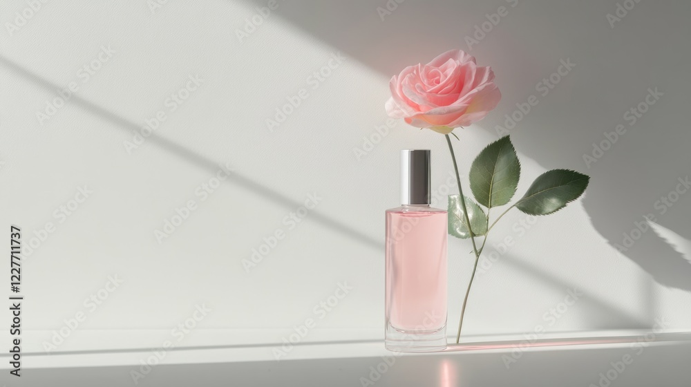 Poster Elegant rose bottle placed on a minimalistic gray backdrop with soft shadows and ample copy space for branding and advertising purposes.