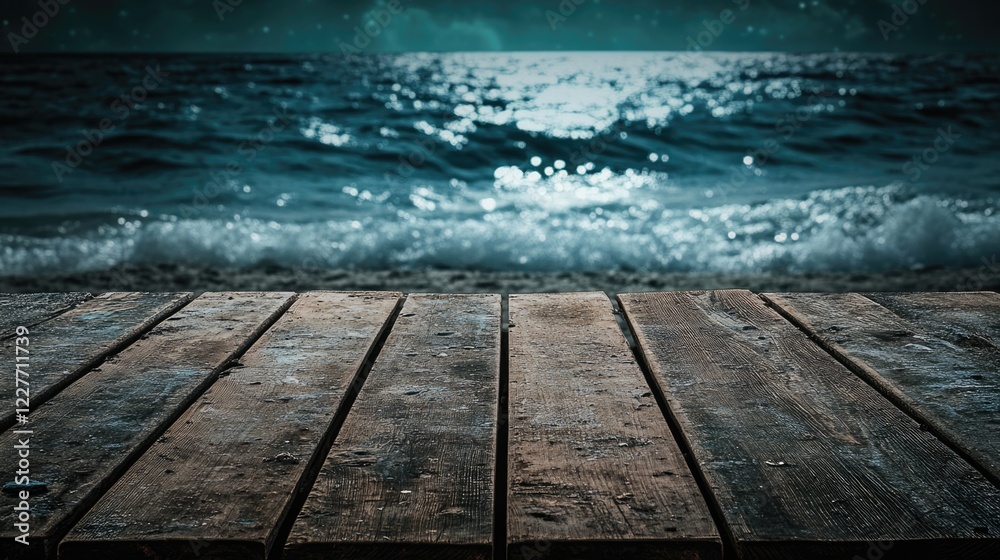 Poster Wooden table on sandy beach with sea backdrop suitable for product display featuring empty space for text and chips on the surface.