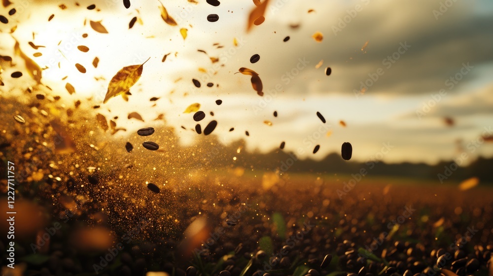 Poster scattered coffee beans in sunlight creating an aromatic ambiance over a coffee field with falling le