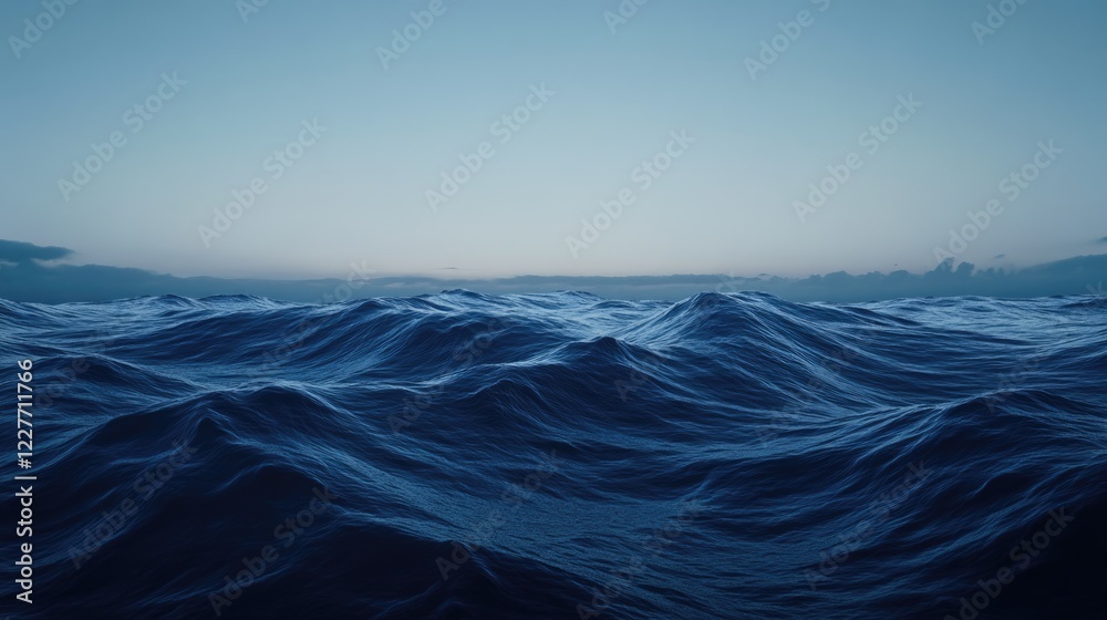 Poster Twilight coastal landscape featuring gentle ocean waves and soft lighting reflections creating a serene atmosphere.