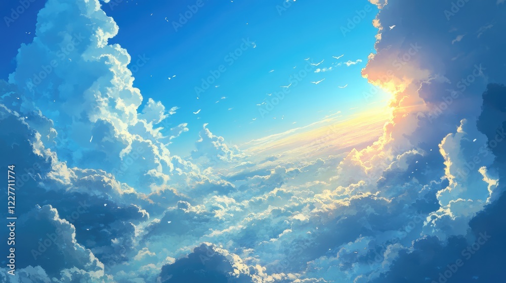 Poster tranquil skyscape showcasing soft light and fluffy clouds in a serene atmosphere