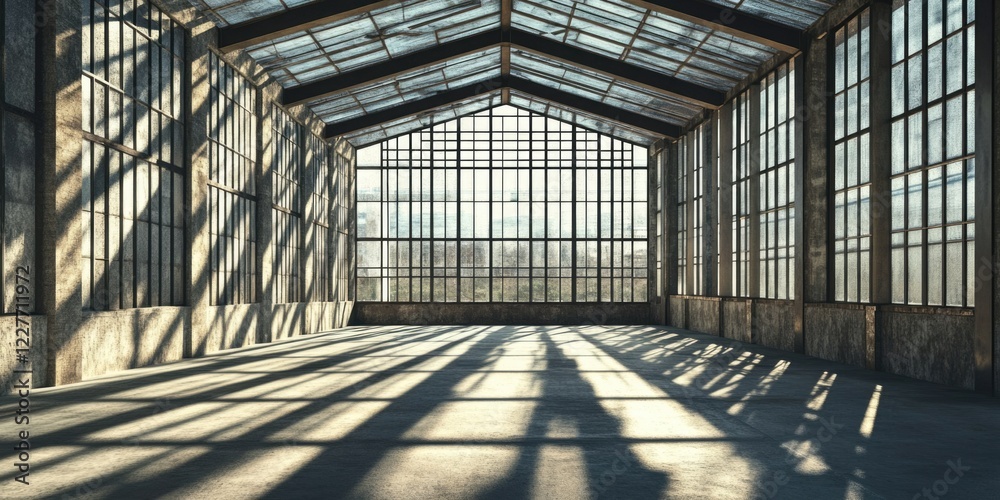 Poster Industrial Interior with Skylight and Large Windows Natural Light and Shadows Casting Patterns on Floor Creating Copy Space for Text