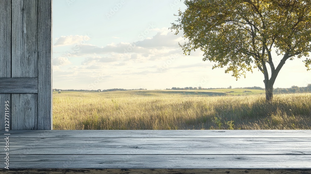 Poster Sleek gray wooden tabletop in open rural setting with tree in field and natural light creating a tranquil atmosphere
