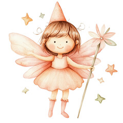 Fairy Character Holding a Flower Wand in a Whimsical Design With Pastel Colors