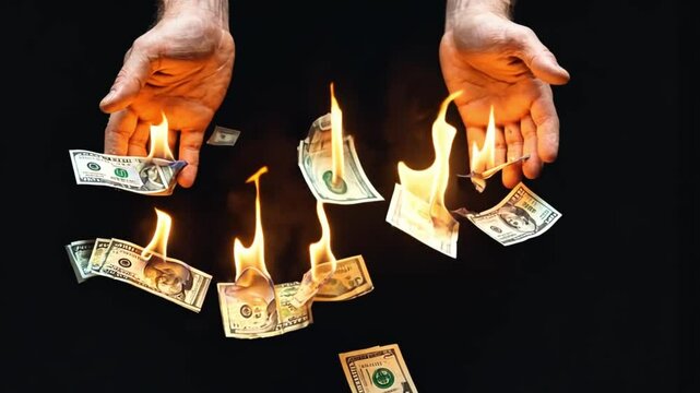 A businessman&rsquo;s hands tossing burning stacks of $100 bills into the air, symbolizing reckless spending or hyperinflation