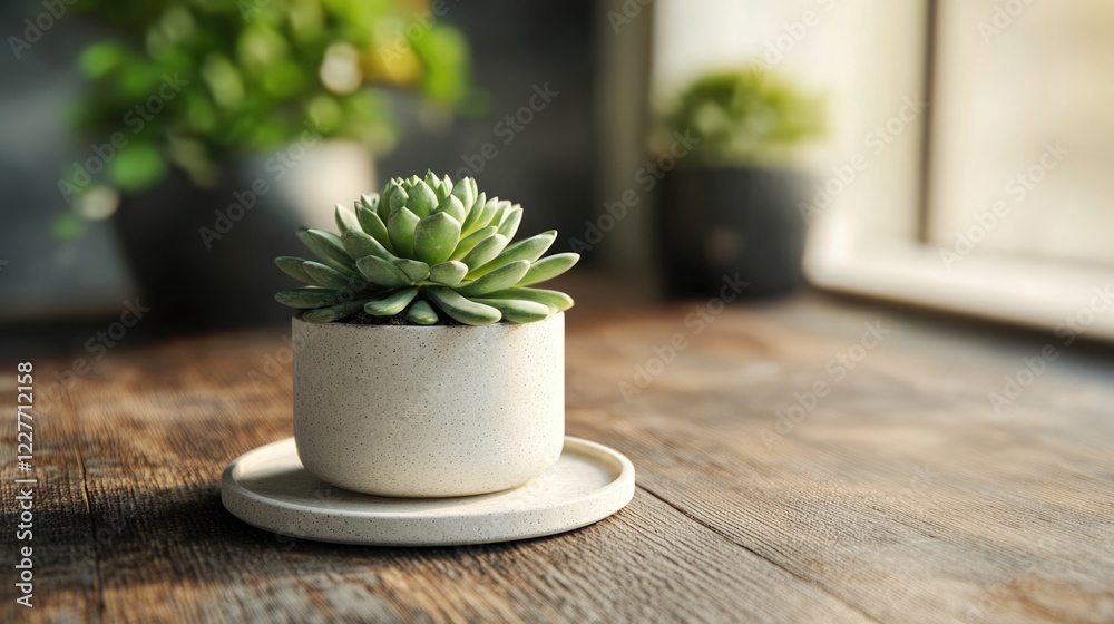 Poster serene succulent in minimalist pot on wooden surface with natural light and soft shadows